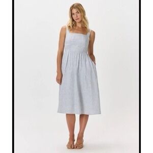 NWT Quince Dress Linen Fit & Flare Midi Dress Blue Pinstripe Size Small Coastal